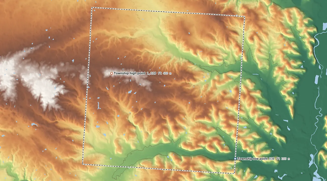 Topographic elevation map of McKean Township, Ohio, shaded from 930 ft on the southeast side to 1,310 ft on the northwest side