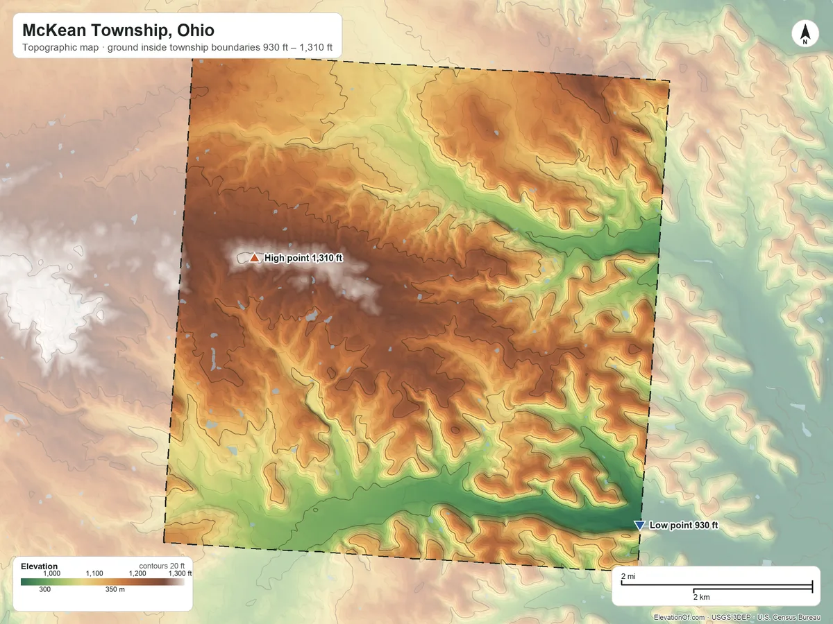 Topographic elevation map of McKean Township, Ohio, shaded from 930 ft on the southeast side to 1,310 ft on the northwest side