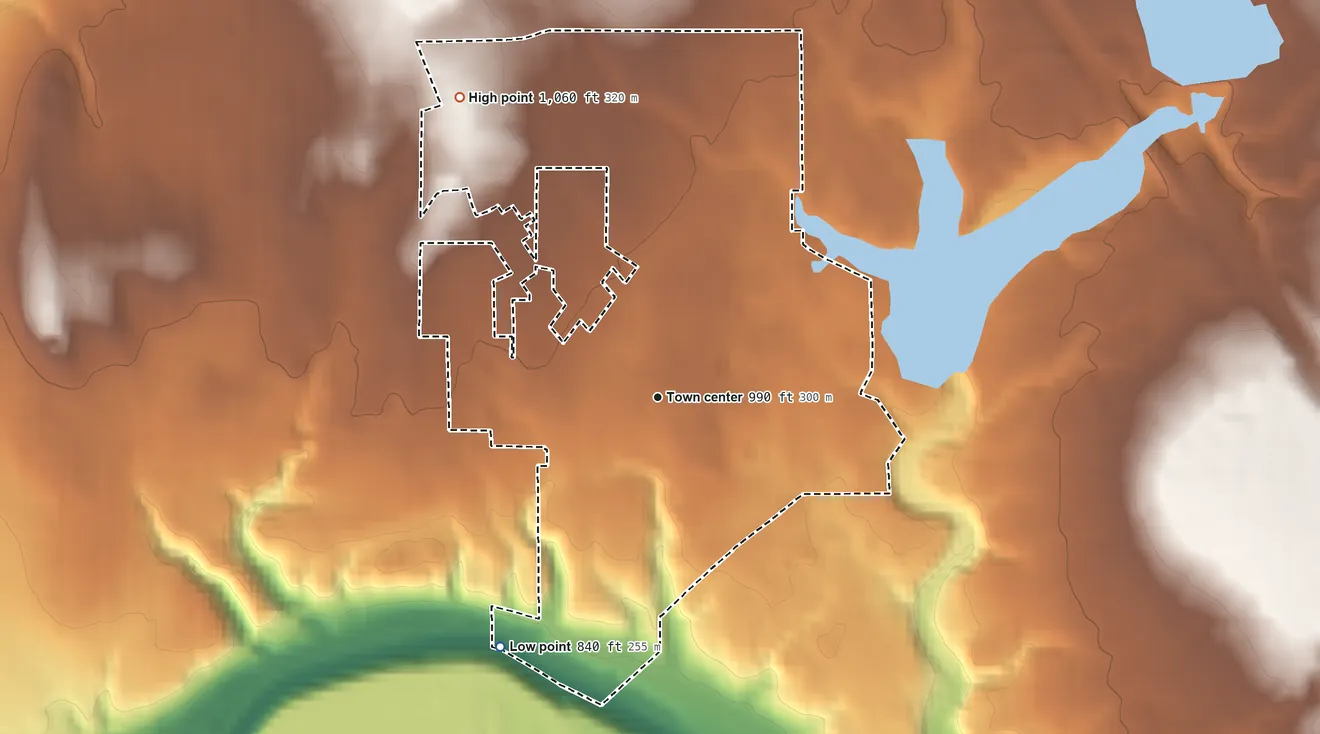 Topographic elevation map of McKinley Heights, Ohio, shaded from 840 ft on the southwest side to 1,060 ft on the northwest side