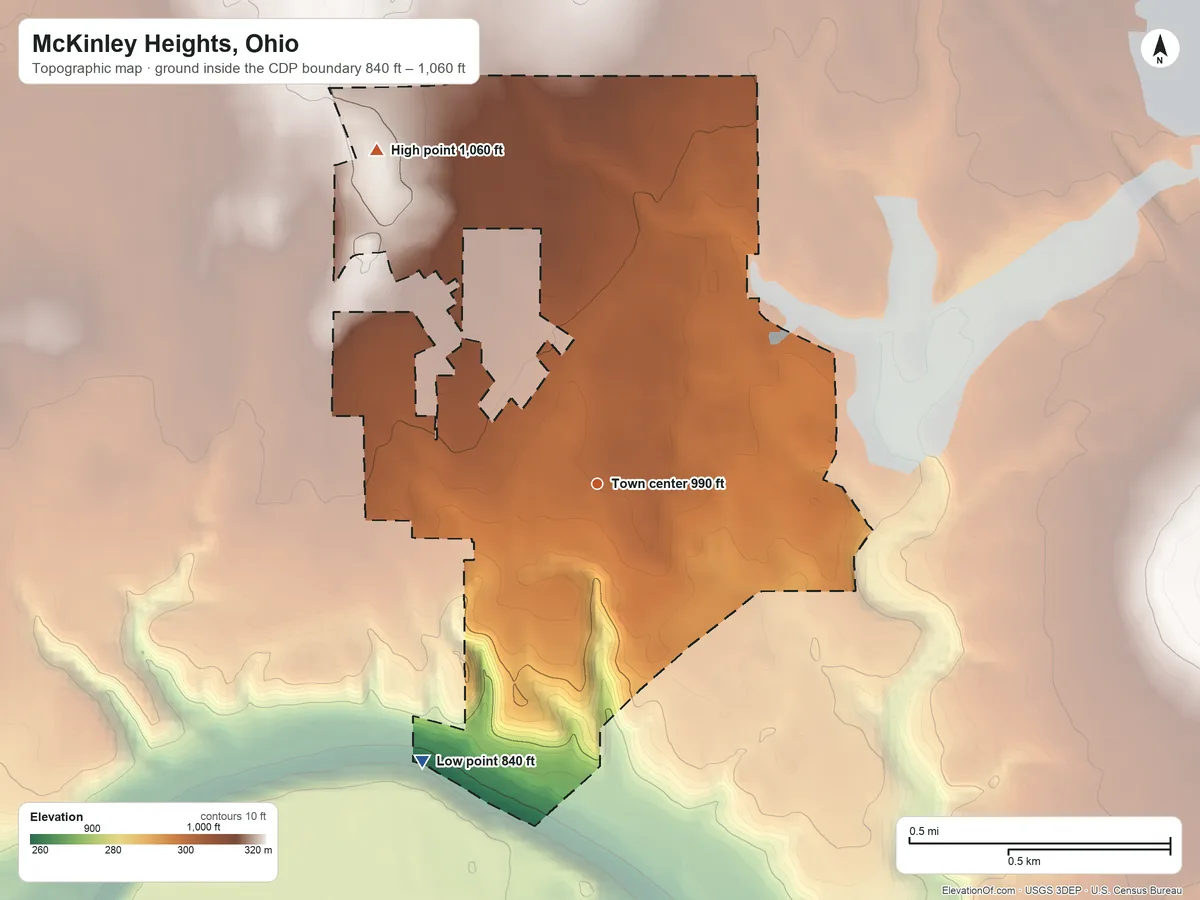 Topographic elevation map of McKinley Heights, Ohio, shaded from 840 ft on the southwest side to 1,060 ft on the northwest side