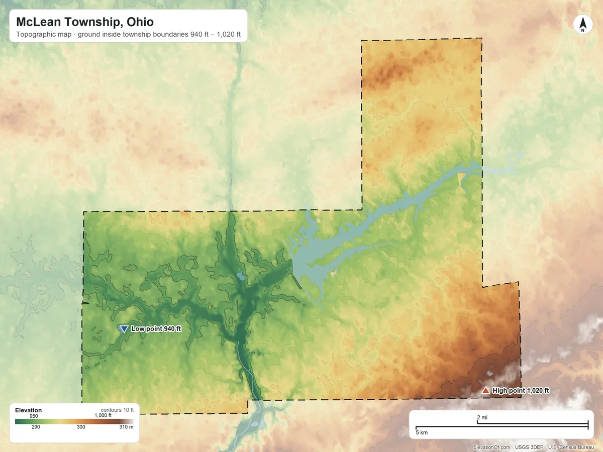 Topographic elevation map of McLean Township, Ohio, shaded from 940 ft on the west side to 1,020 ft on the southeast side