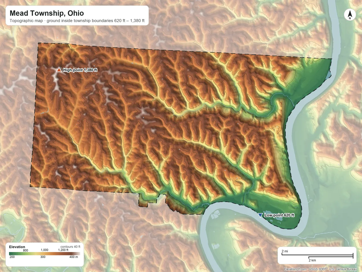 Topographic elevation map of Mead Township, Ohio, shaded from 620 ft on the south side to 1,380 ft on the west side