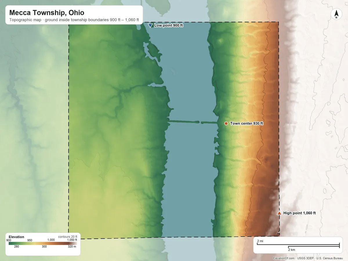 Topographic elevation map of Mecca Township, Ohio, shaded from 900 ft on the northwest side to 1,060 ft on the southeast side