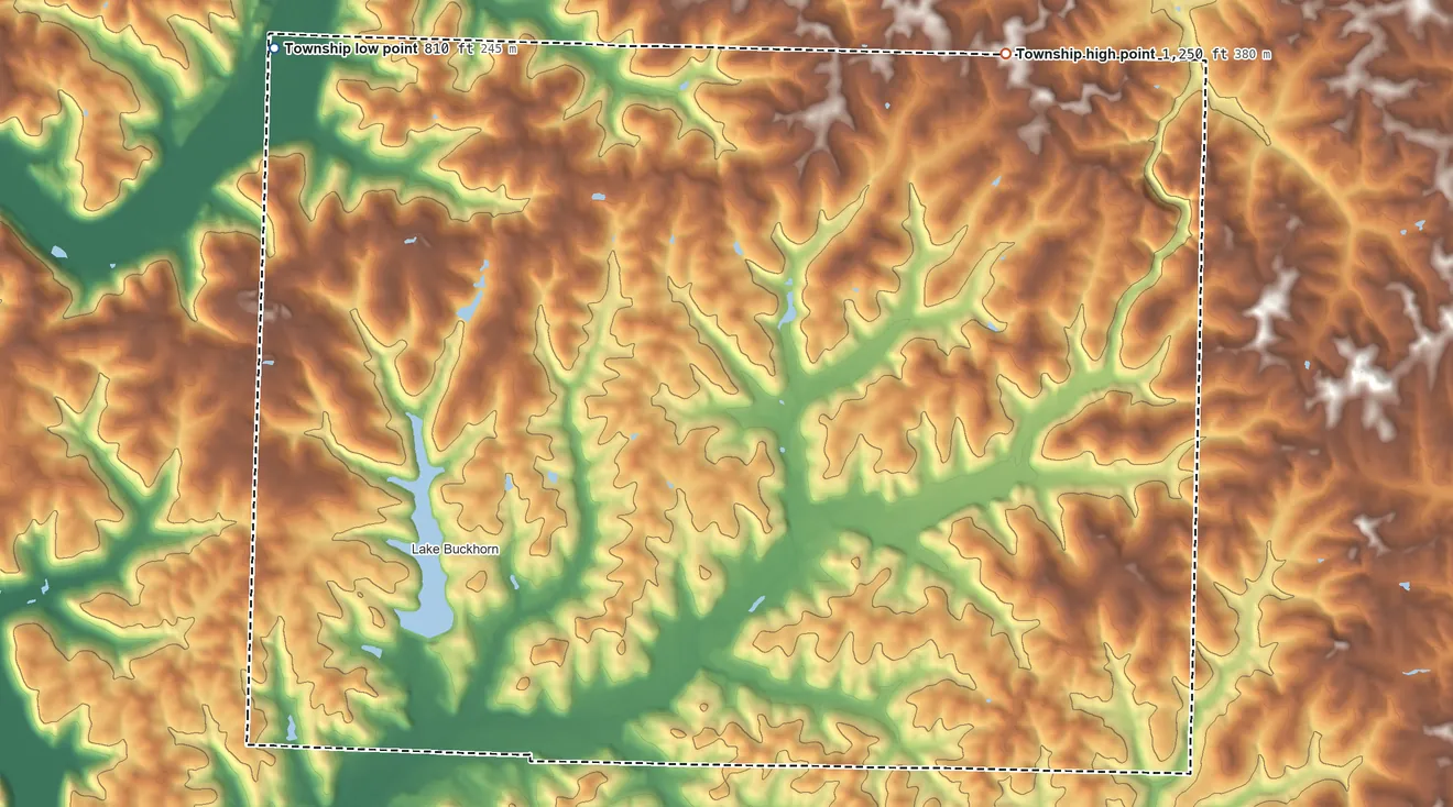 Topographic elevation map of Mechanic Township, Ohio, shaded from 810 ft on the northwest side to 1,250 ft on the northeast side