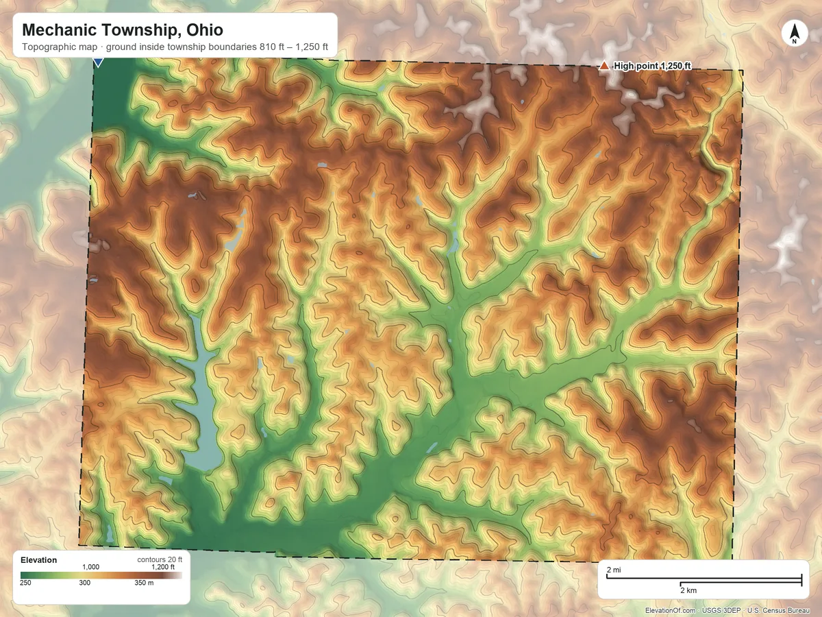 Topographic elevation map of Mechanic Township, Ohio, shaded from 810 ft on the northwest side to 1,250 ft on the northeast side