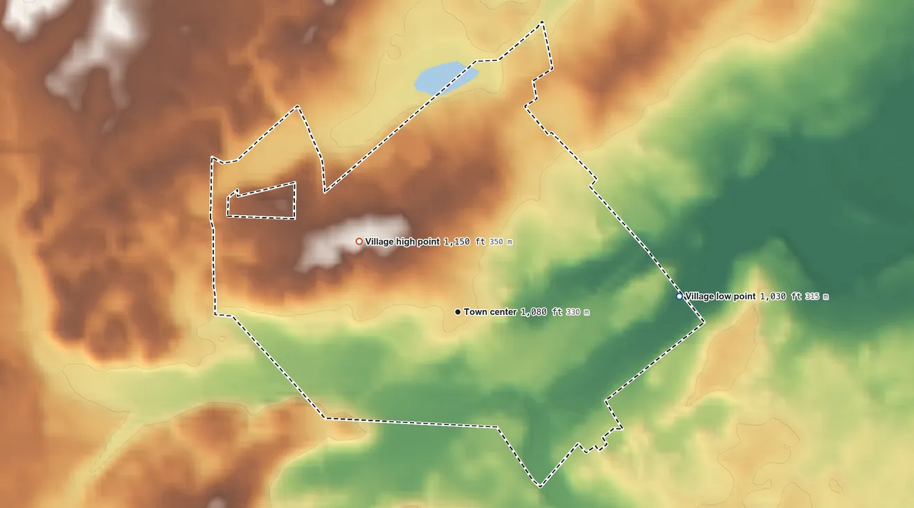 Topographic elevation map of Mechanicsburg, Ohio, shaded from 1,030 ft on the east side to 1,150 ft on the northwest side