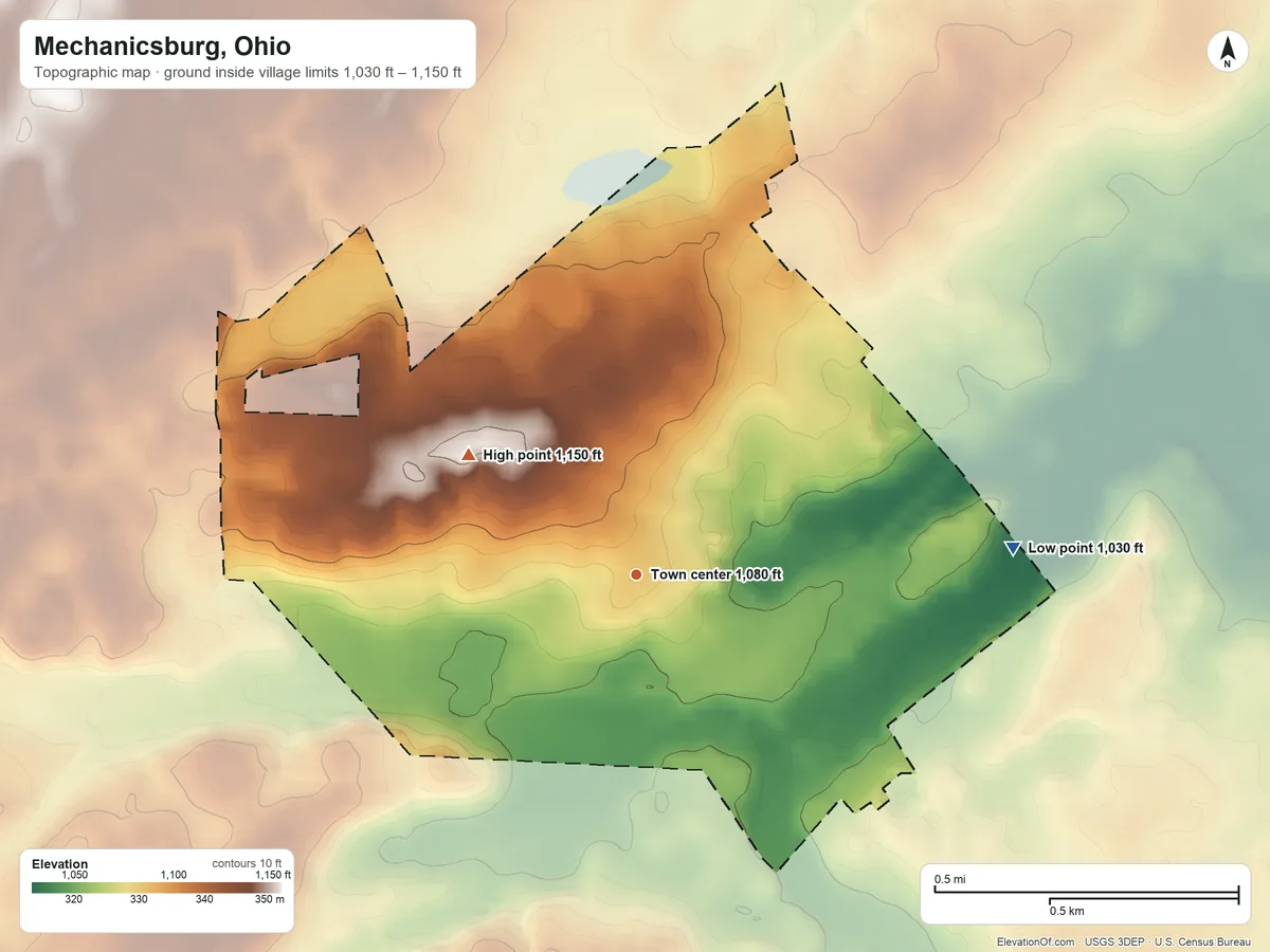 Topographic elevation map of Mechanicsburg, Ohio, shaded from 1,030 ft on the east side to 1,150 ft on the northwest side