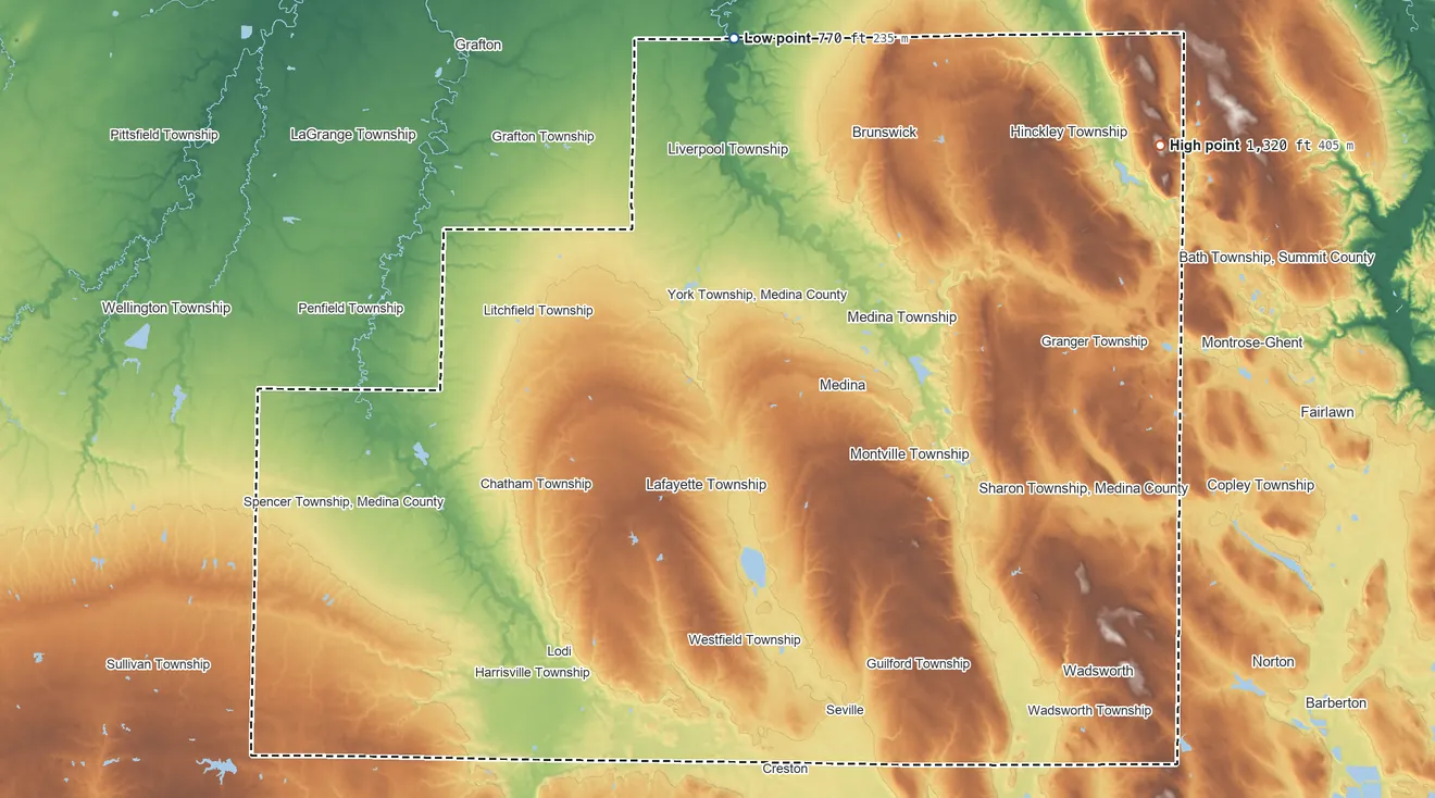 Topographic elevation map of Medina County, Ohio, shaded from 770 ft on the north side to 1,320 ft on the northeast side