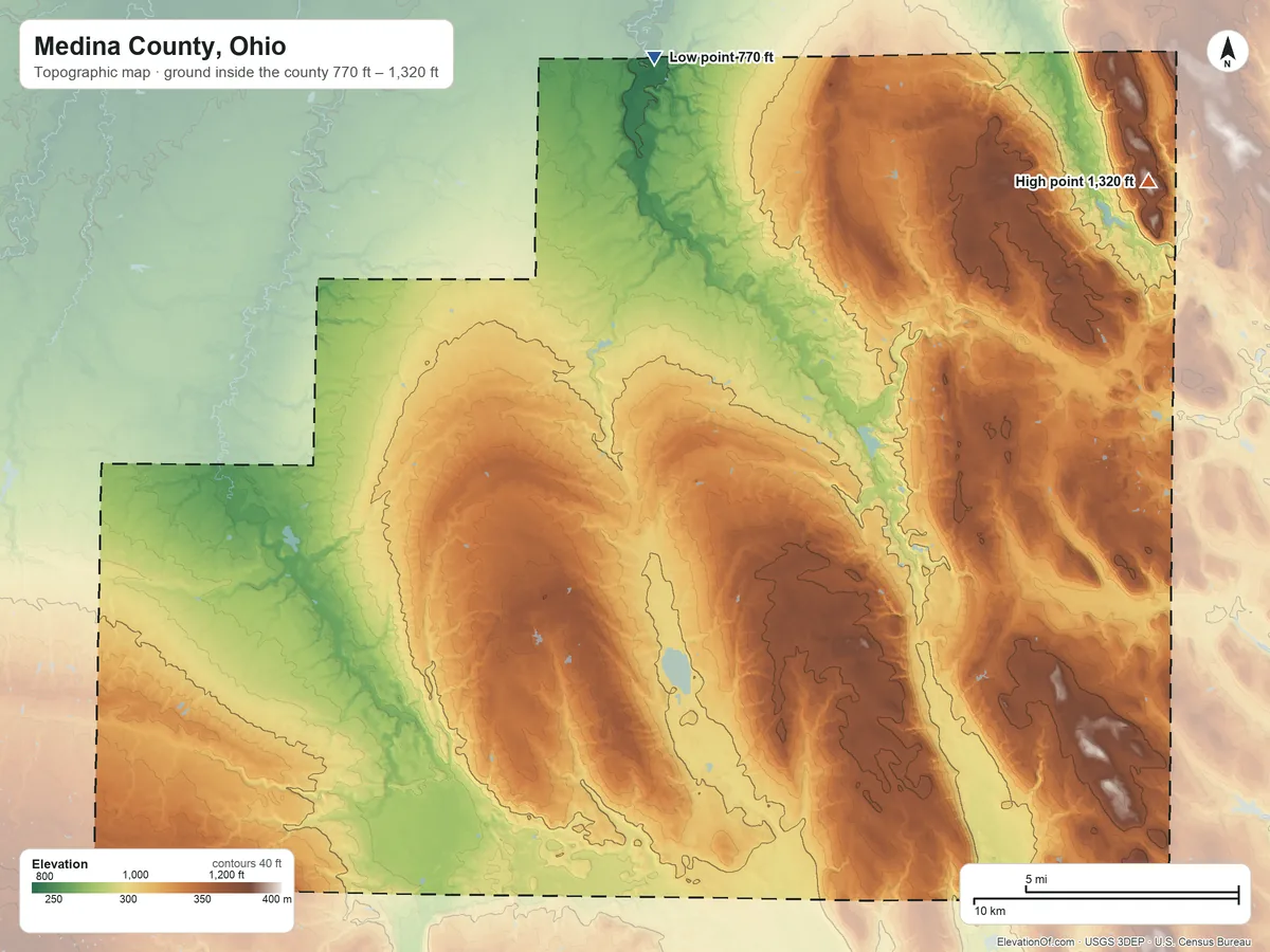 Topographic elevation map of Medina County, Ohio, shaded from 770 ft on the north side to 1,320 ft on the northeast side