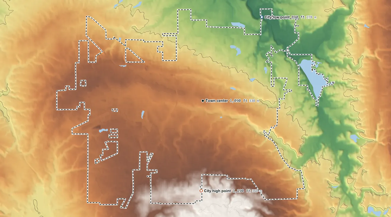 Topographic elevation map of Medina, Ohio, shaded from 890 ft on the northeast side to 1,190 ft on the south side
