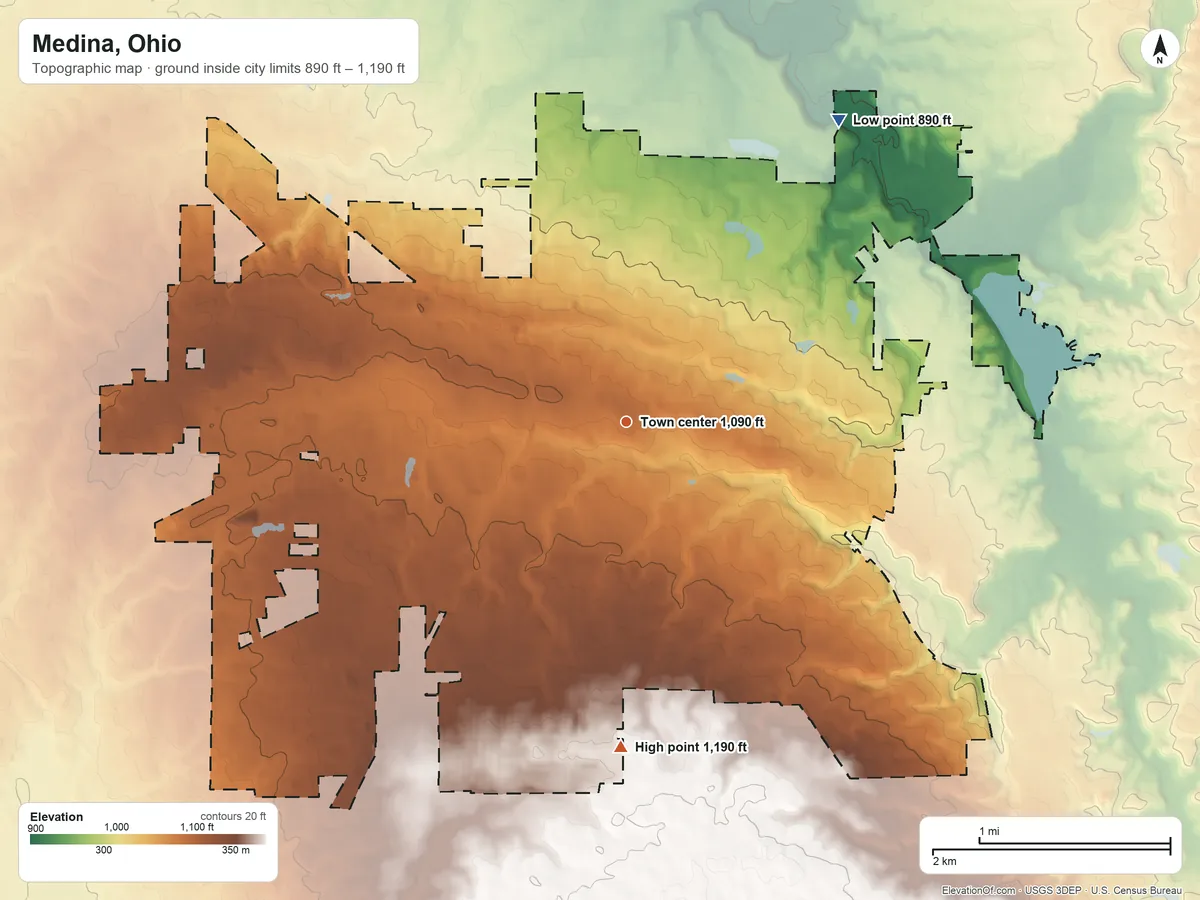 Topographic elevation map of Medina, Ohio, shaded from 890 ft on the northeast side to 1,190 ft on the south side