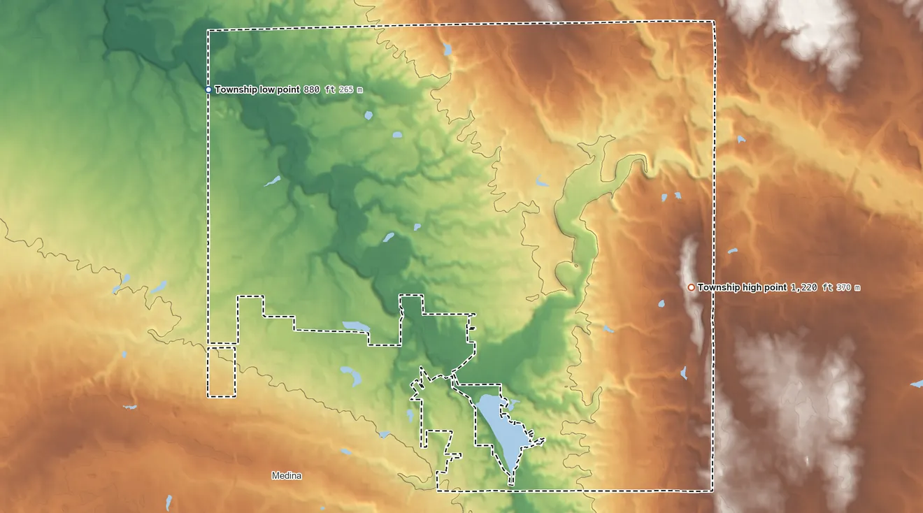 Topographic elevation map of Medina Township, Ohio, shaded from 880 ft on the northwest side to 1,220 ft on the east side