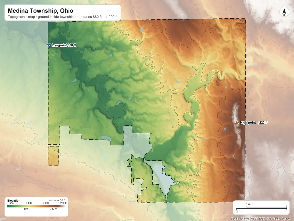 Topographic elevation map of Medina Township, Ohio, shaded from 880 ft on the northwest side to 1,220 ft on the east side