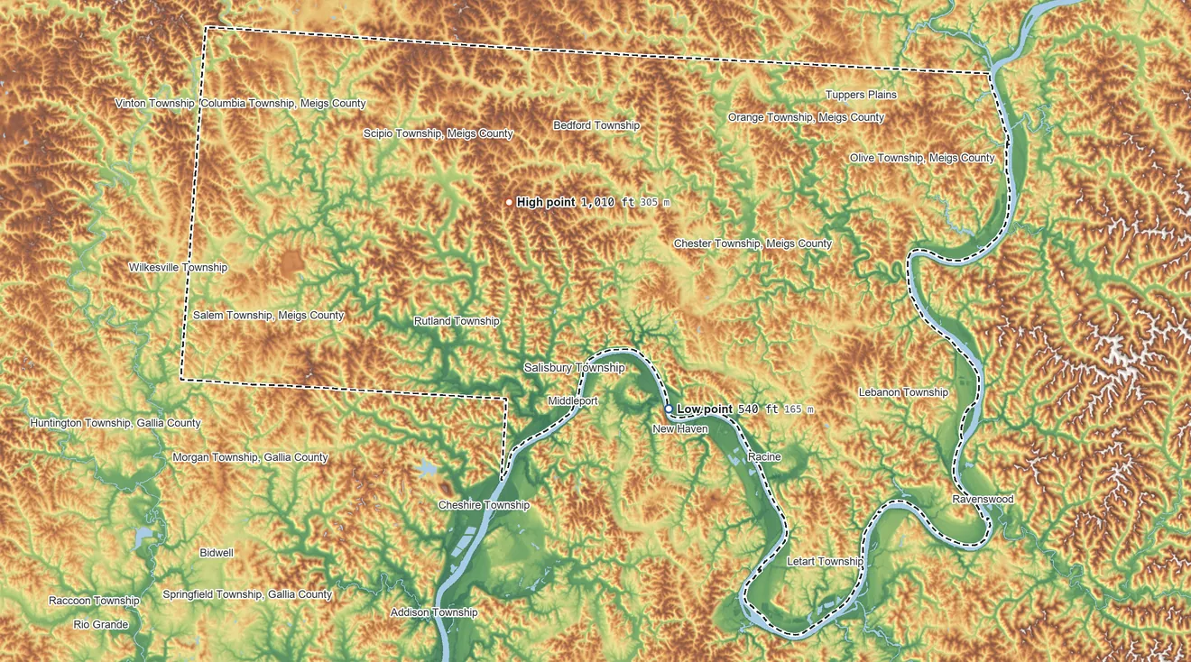 Topographic elevation map of Meigs County, Ohio, shaded from 540 ft on the southeast side to 1,010 ft on the northwest side