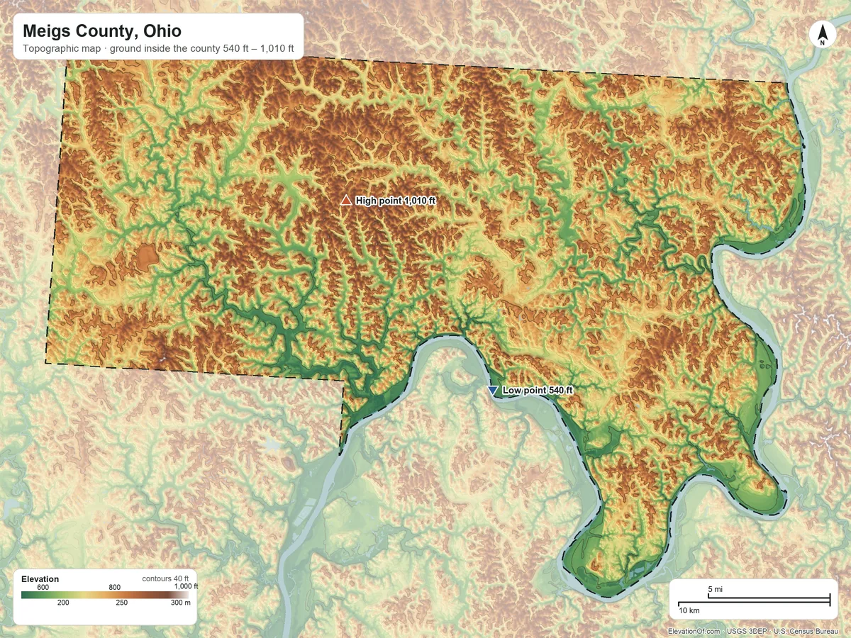 Topographic elevation map of Meigs County, Ohio, shaded from 540 ft on the southeast side to 1,010 ft on the northwest side