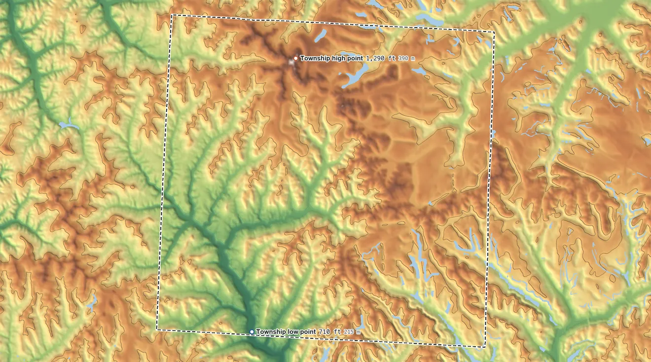Topographic elevation map of Meigs Township, Muskingum County, Ohio, shaded from 710 ft on the south side to 1,287 ft on High Hill