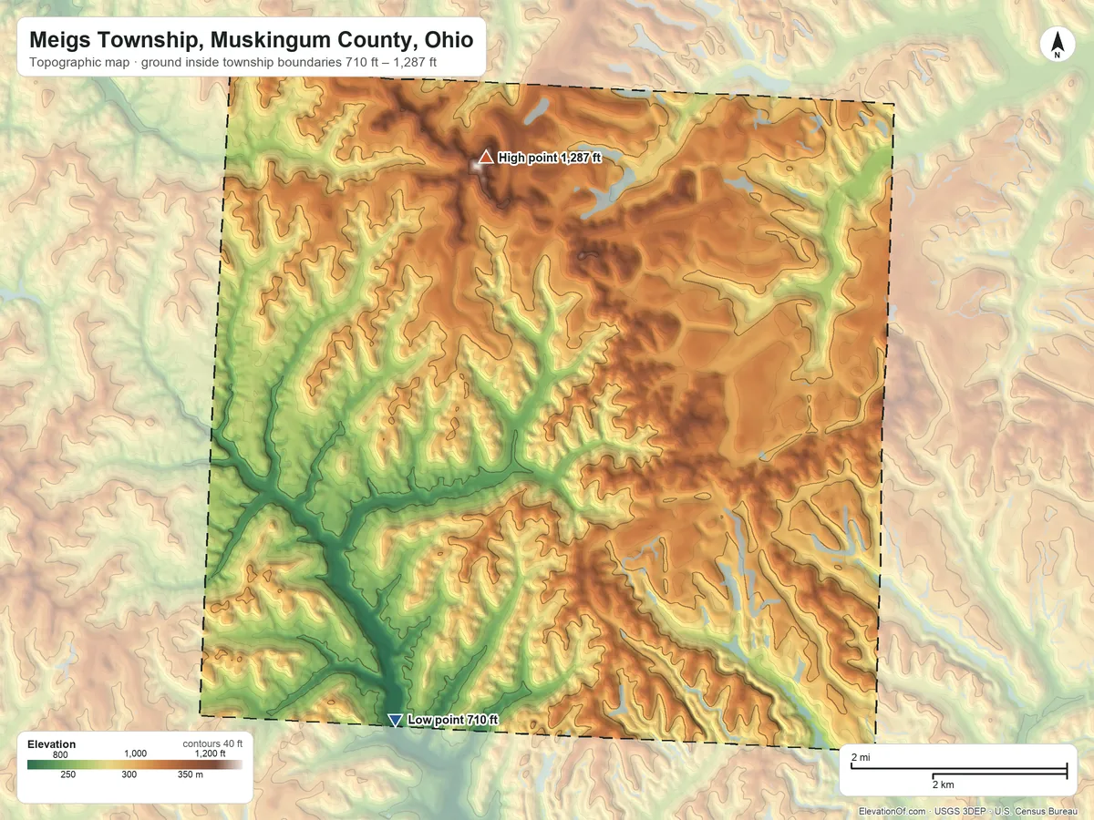 Topographic elevation map of Meigs Township, Muskingum County, Ohio, shaded from 710 ft on the south side to 1,287 ft on High Hill