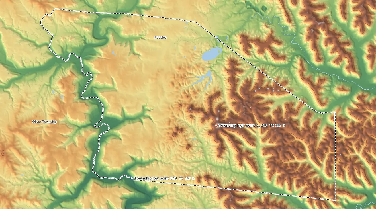 Topographic elevation map of Meigs Township, Ohio, shaded from 540 ft on the south side to 1,270 ft on Peach Mountain