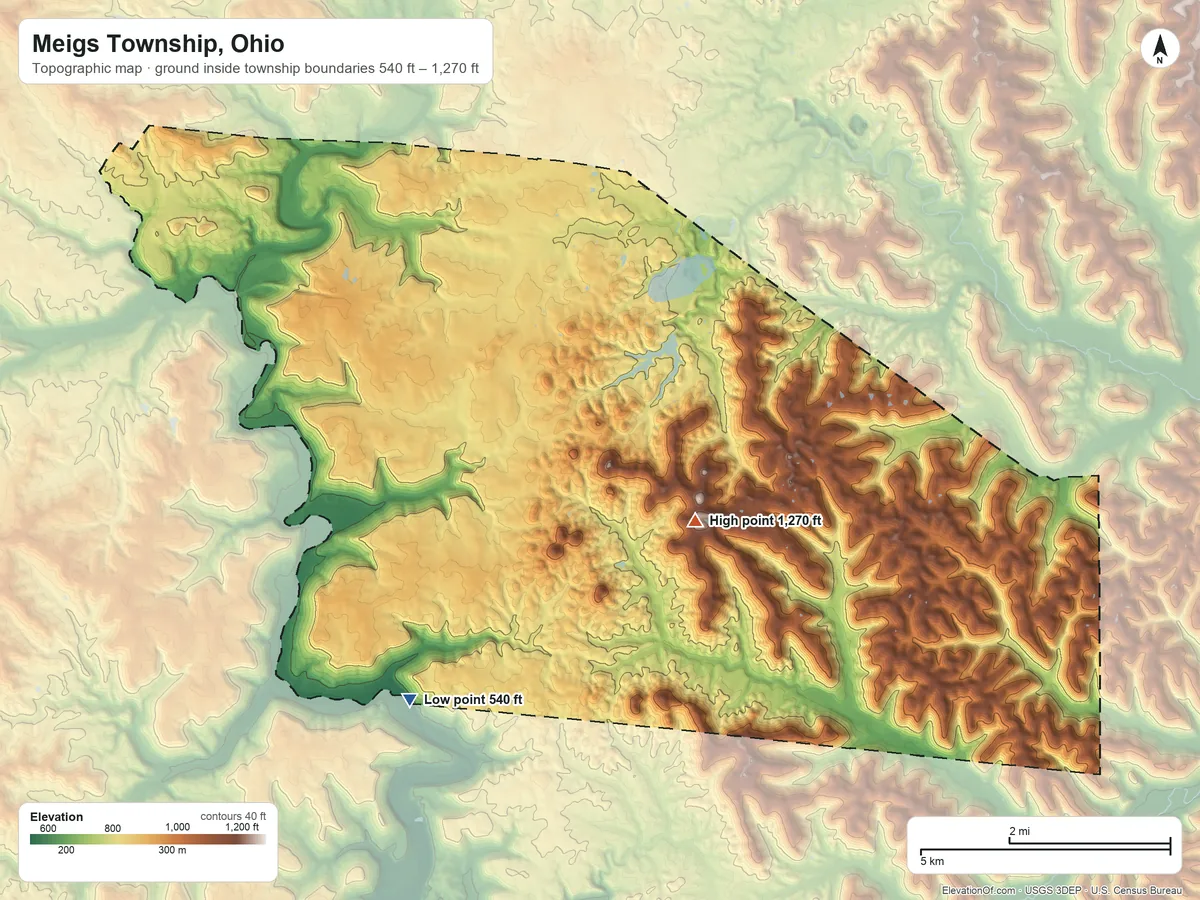 Topographic elevation map of Meigs Township, Ohio, shaded from 540 ft on the south side to 1,270 ft on Peach Mountain