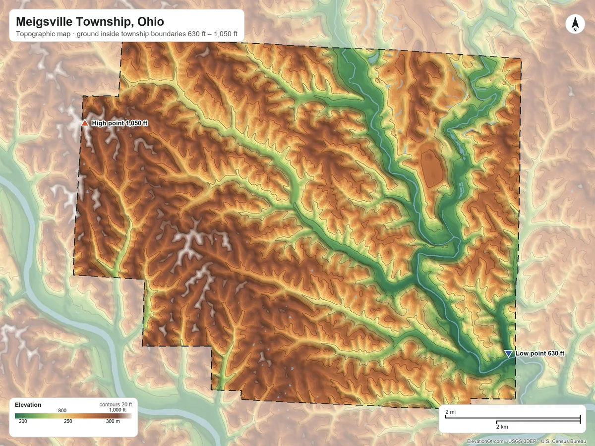 Topographic elevation map of Meigsville Township, Ohio, shaded from 630 ft on the southeast side to 1,050 ft on Willis Hill