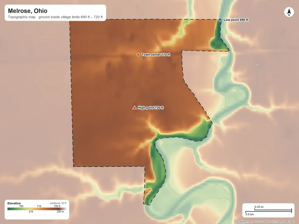 Topographic elevation map of Melrose, Ohio, shaded from 690 ft on the northeast side to 720 ft on the south side
