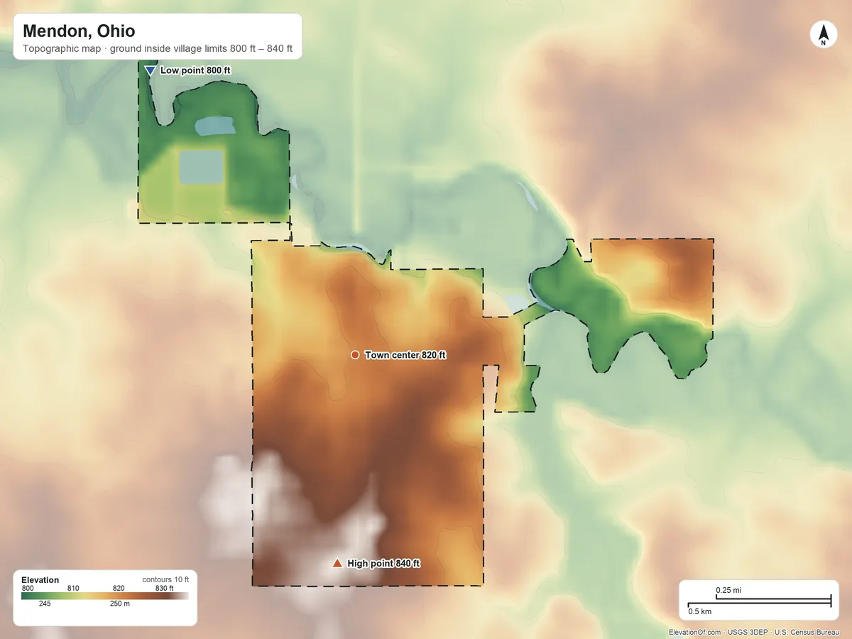 Topographic elevation map of Mendon, Ohio, shaded from 800 ft on the northwest side to 840 ft on the south side