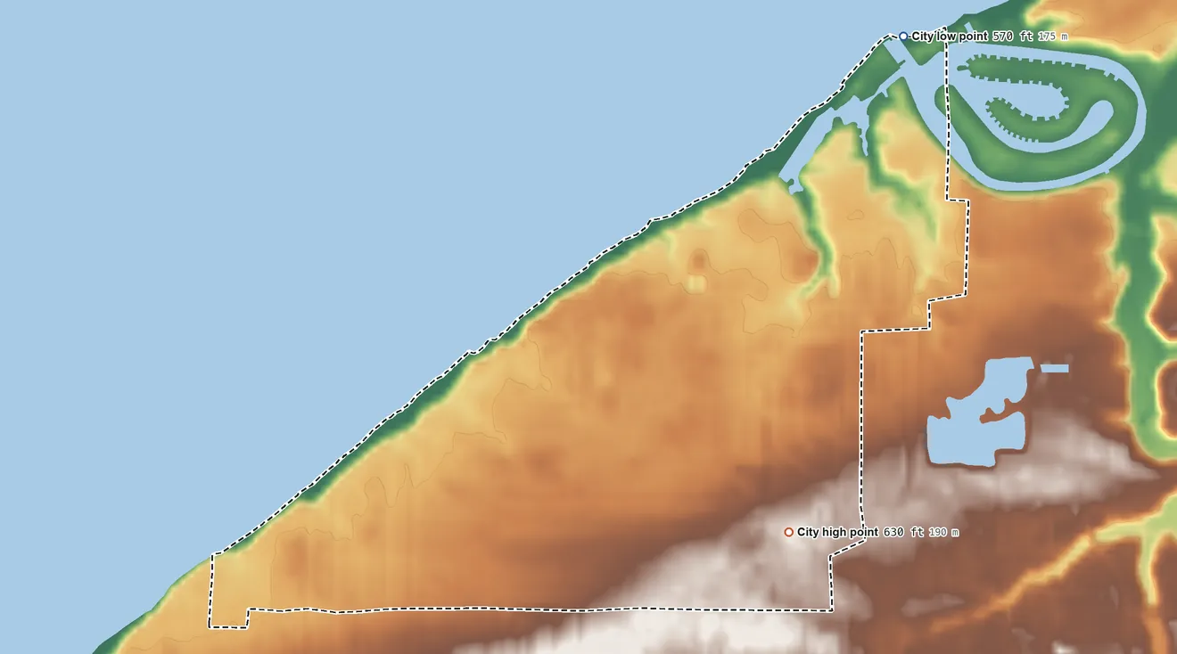 Topographic elevation map of Mentor-on-the-Lake, Ohio, shaded from 570 ft on the northeast side to 630 ft on the southeast side