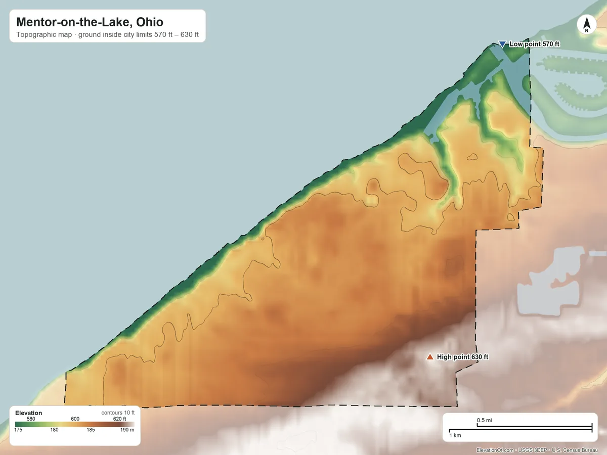 Topographic elevation map of Mentor-on-the-Lake, Ohio, shaded from 570 ft on the northeast side to 630 ft on the southeast side