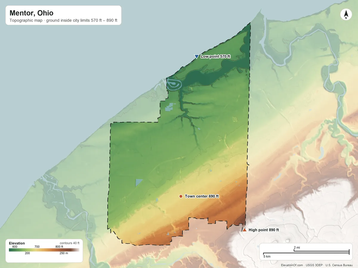 Topographic elevation map of Mentor, Ohio, shaded from 570 ft on the north side to 890 ft on the southeast edge, below higher ground just outside