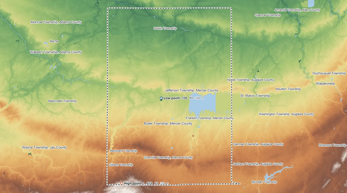 Topographic elevation map of Mercer County, Ohio, shaded from 780 ft near the middle to 1,070 ft on the southwest side