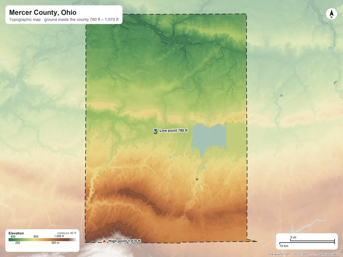 Topographic elevation map of Mercer County, Ohio, shaded from 780 ft near the middle to 1,070 ft on the southwest side