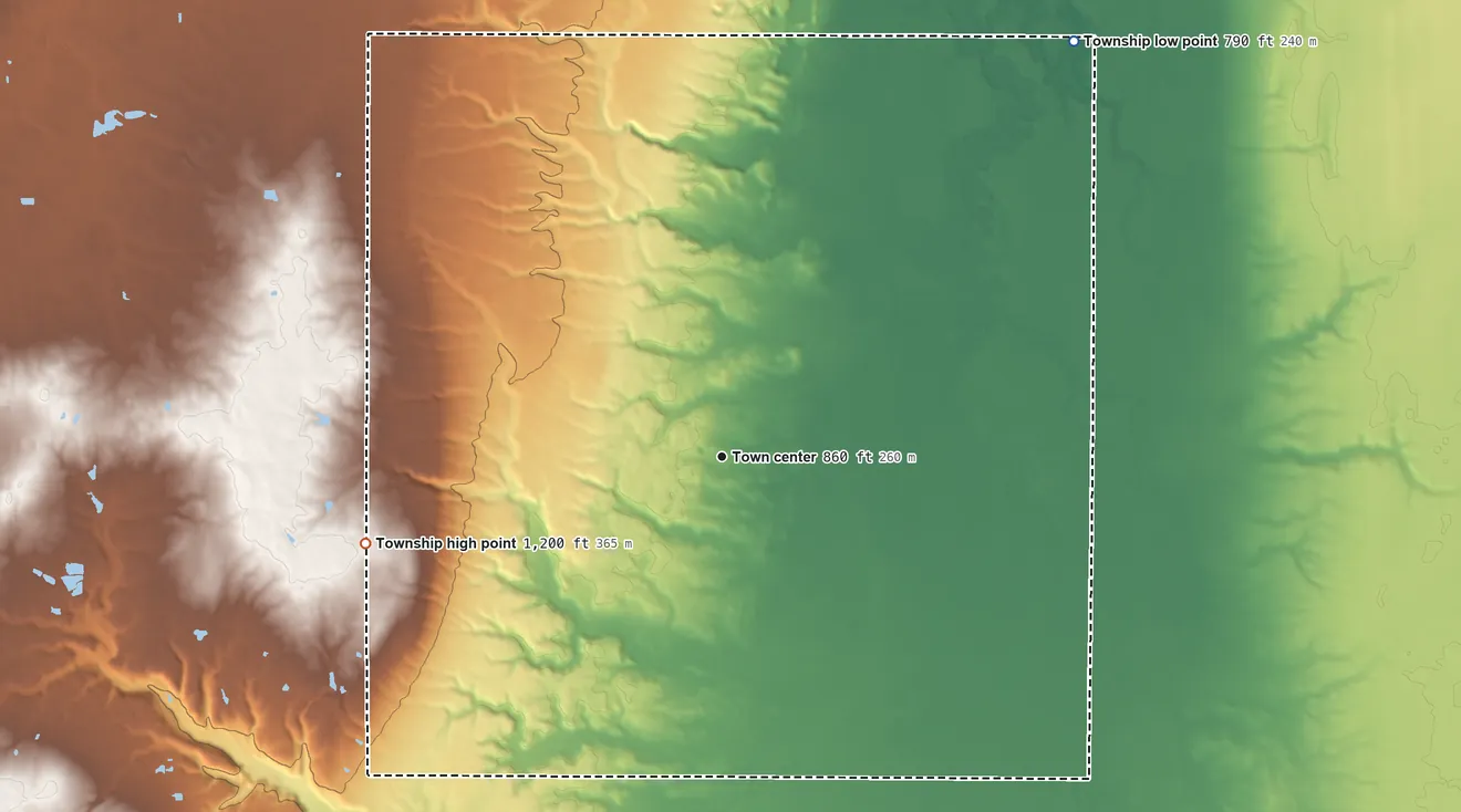 Topographic elevation map of Mesopotamia Township, Ohio, shaded from 790 ft on the northeast side to 1,200 ft on the west side