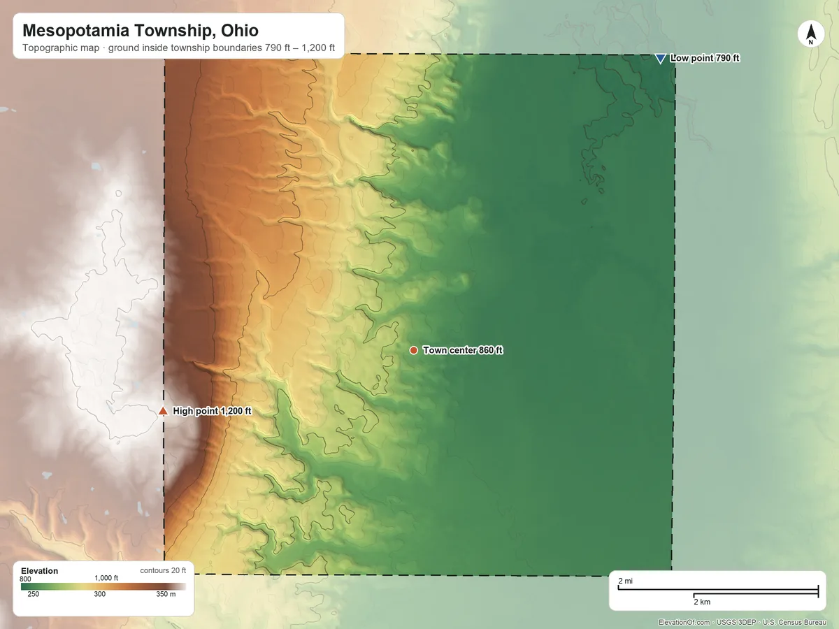Topographic elevation map of Mesopotamia Township, Ohio, shaded from 790 ft on the northeast side to 1,200 ft on the west side