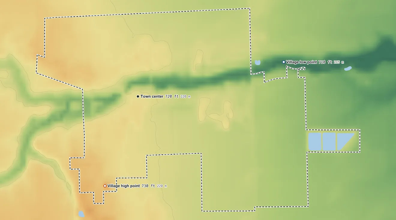 Topographic elevation map of Metamora, Ohio, shaded from 710 ft on the east side to 730 ft on the south side