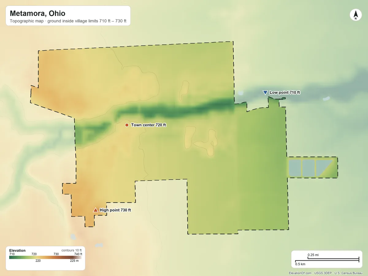 Topographic elevation map of Metamora, Ohio, shaded from 710 ft on the east side to 730 ft on the south side