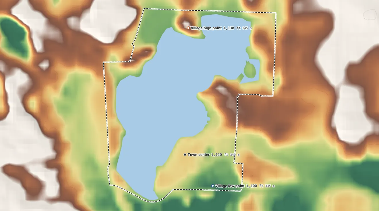 Topographic elevation map of Meyers Lake, Ohio, shaded from 1,100 ft on the southeast side to 1,130 ft on the north side