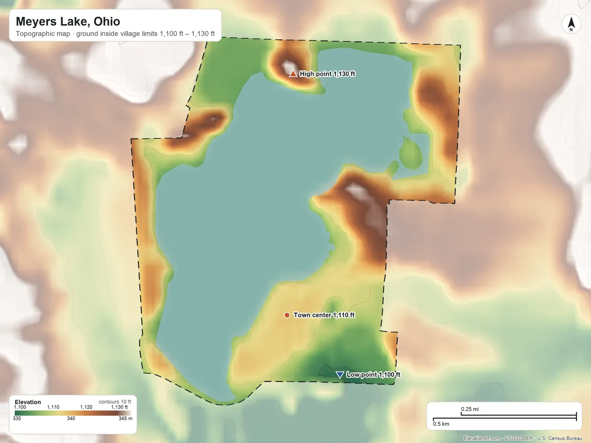 Topographic elevation map of Meyers Lake, Ohio, shaded from 1,100 ft on the southeast side to 1,130 ft on the north side