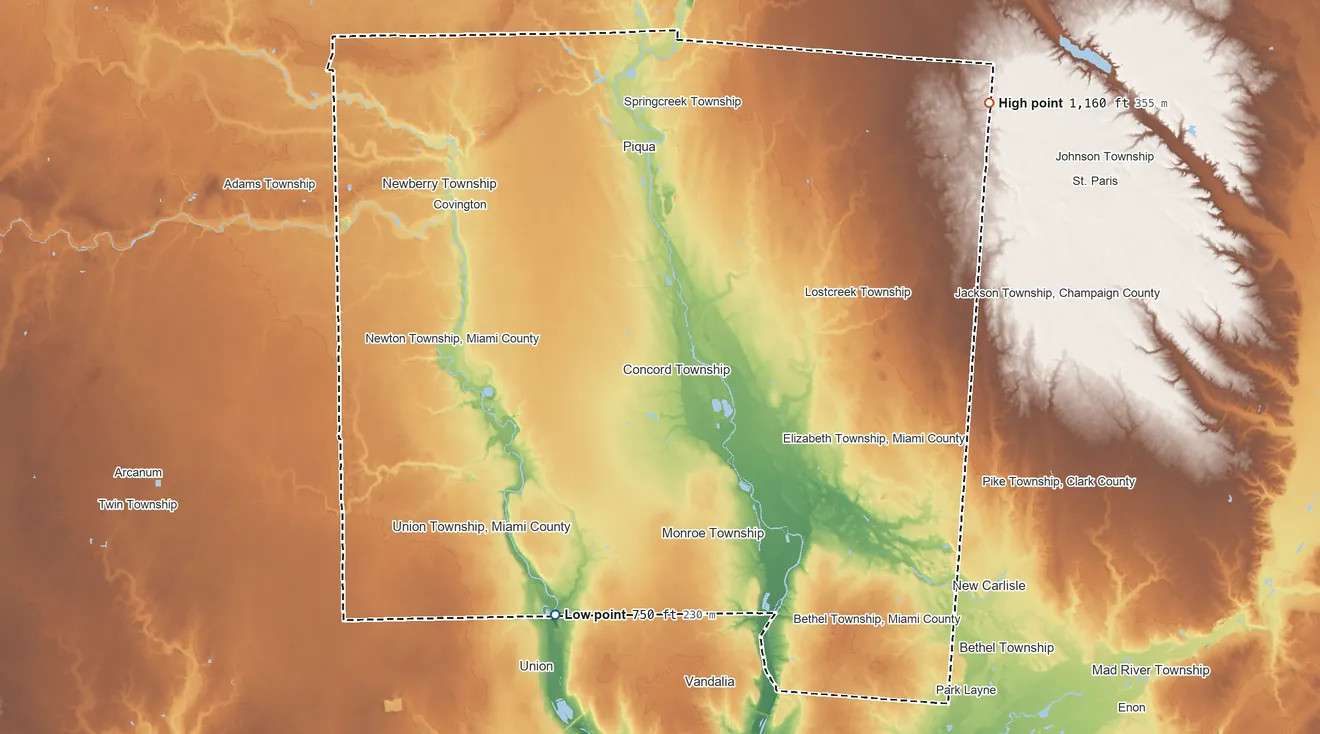 Topographic elevation map of Miami County, Ohio, shaded from 750 ft on the southwest side to 1,160 ft on the northeast side