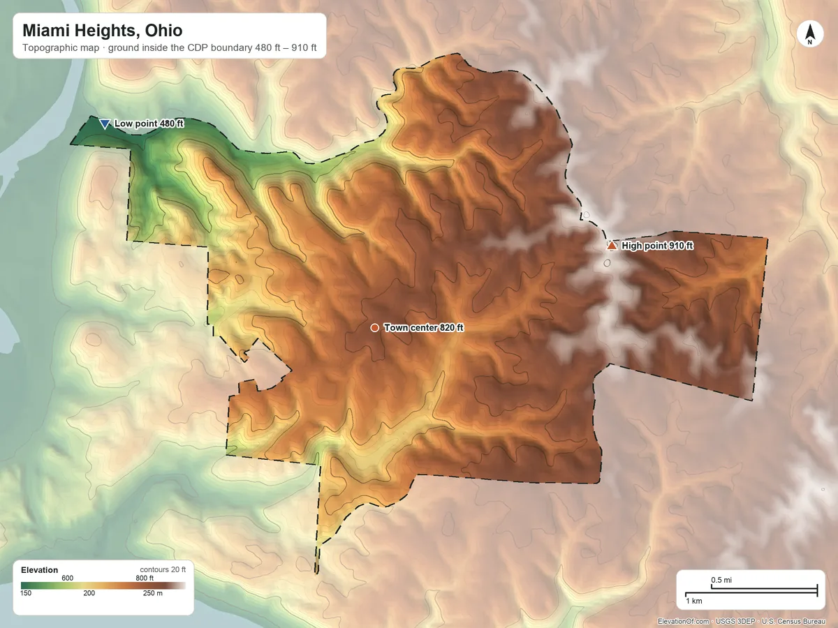 Topographic elevation map of Miami Heights, Ohio, shaded from 480 ft on the northwest side to 910 ft on the east side