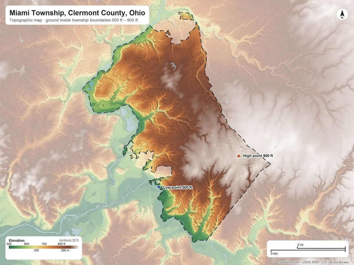 Topographic elevation map of Miami Township, Clermont County, Ohio, shaded from 500 ft on the south side to 900 ft on the southeast side