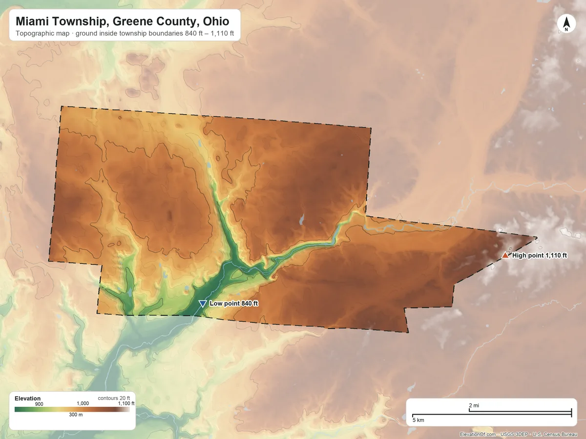 Topographic elevation map of Miami Township, Greene County, Ohio, shaded from 840 ft on the south side to 1,110 ft on the east side