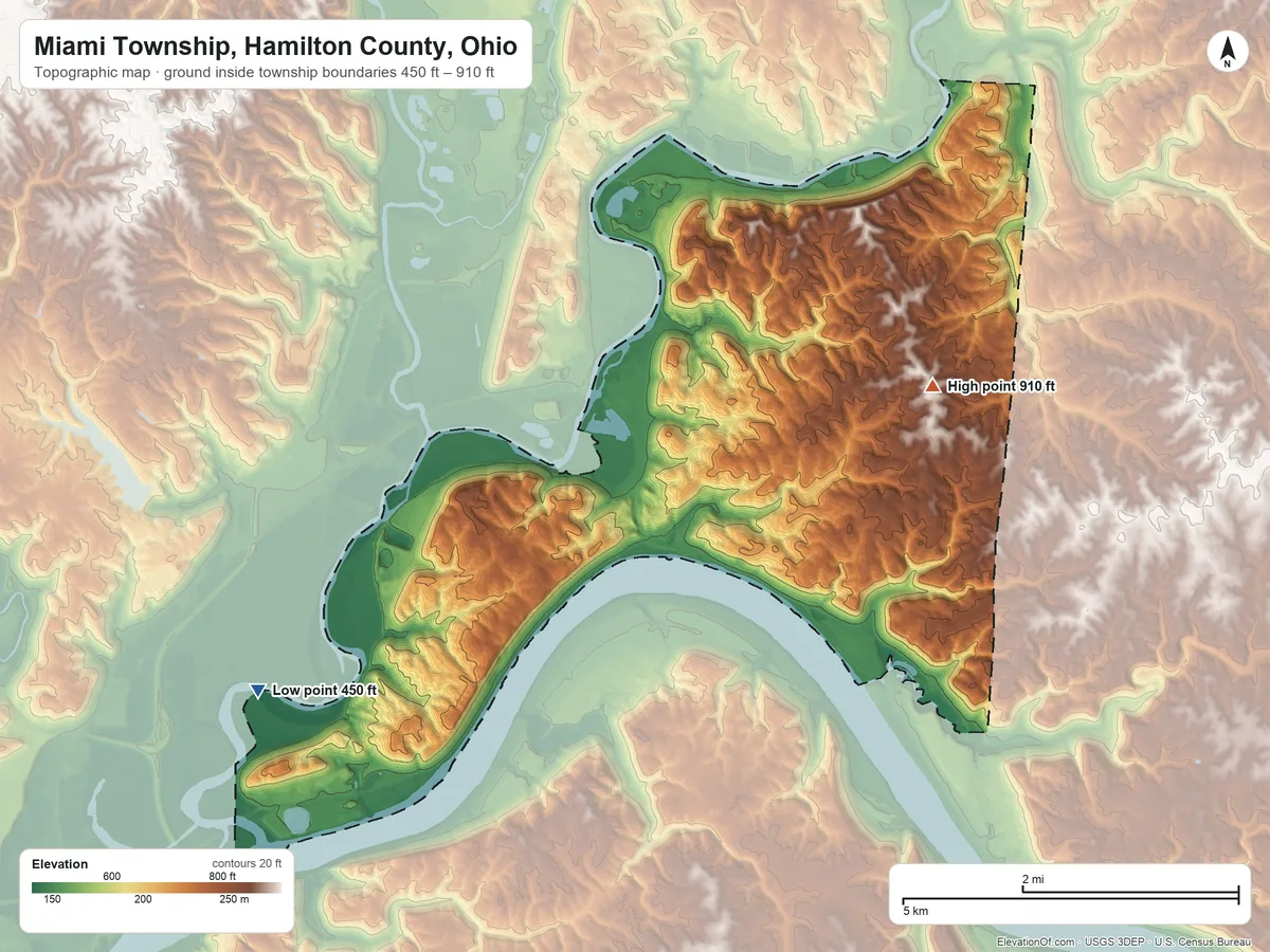 Topographic elevation map of Miami Township, Hamilton County, Ohio, shaded from 450 ft on the southwest side to 910 ft on the northeast side