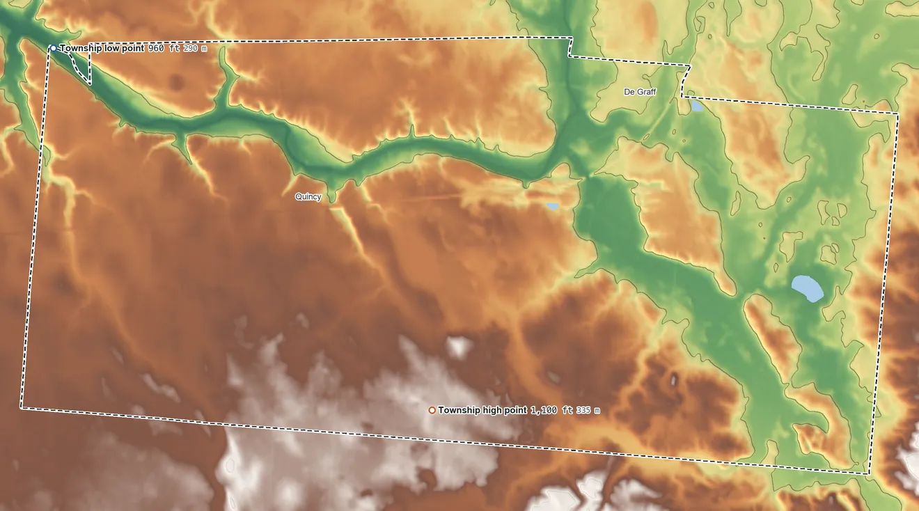 Topographic elevation map of Miami Township, Logan County, Ohio, shaded from 960 ft on the west side to 1,100 ft on the southwest side