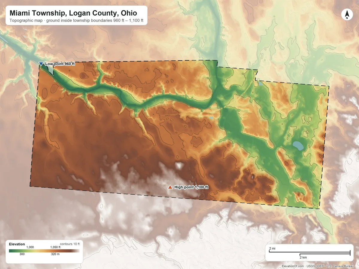 Topographic elevation map of Miami Township, Logan County, Ohio, shaded from 960 ft on the west side to 1,100 ft on the southwest side