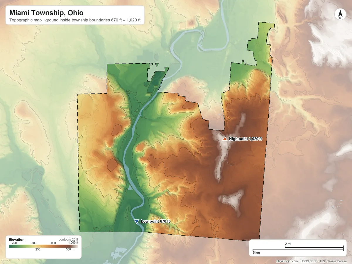 Topographic elevation map of Miami Township, Ohio, shaded from 670 ft on the southwest side to 1,020 ft near the middle