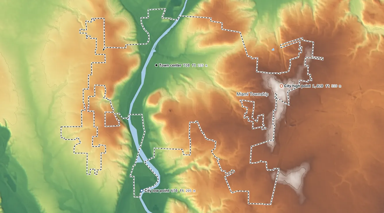 Topographic elevation map of Miamisburg, Ohio, shaded from 670 ft on the south side to 1,020 ft on the east side