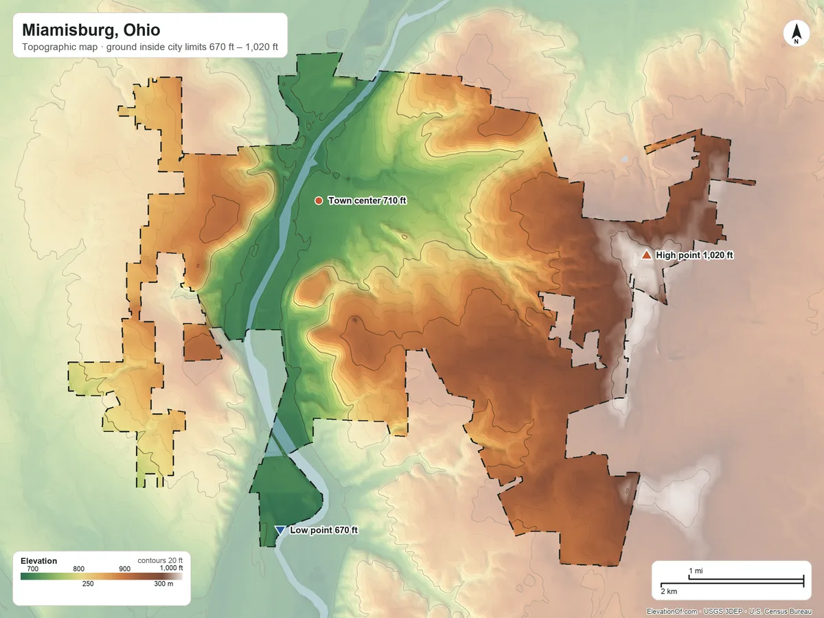 Topographic elevation map of Miamisburg, Ohio, shaded from 670 ft on the south side to 1,020 ft on the east side