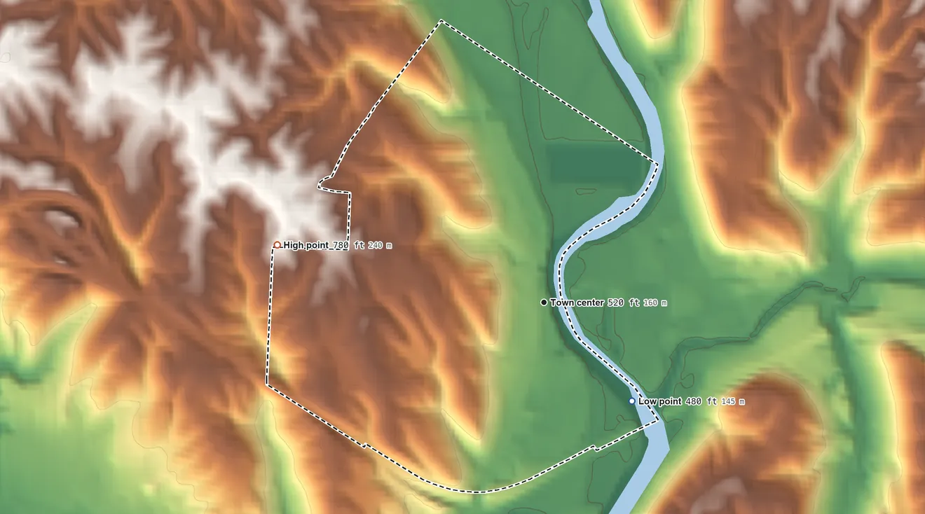Topographic elevation map of Miamitown, Ohio, shaded from 480 ft on the southeast side to 780 ft on the west side