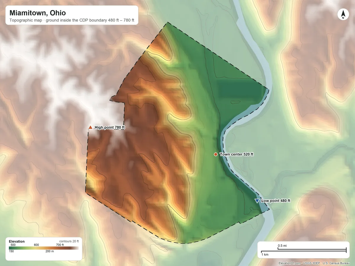Topographic elevation map of Miamitown, Ohio, shaded from 480 ft on the southeast side to 780 ft on the west side