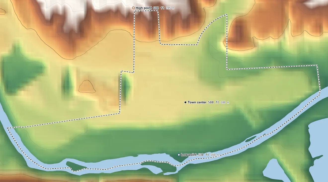 Topographic elevation map of Miamiville, Ohio, shaded from 530 ft on the south side to 680 ft on the northwest side